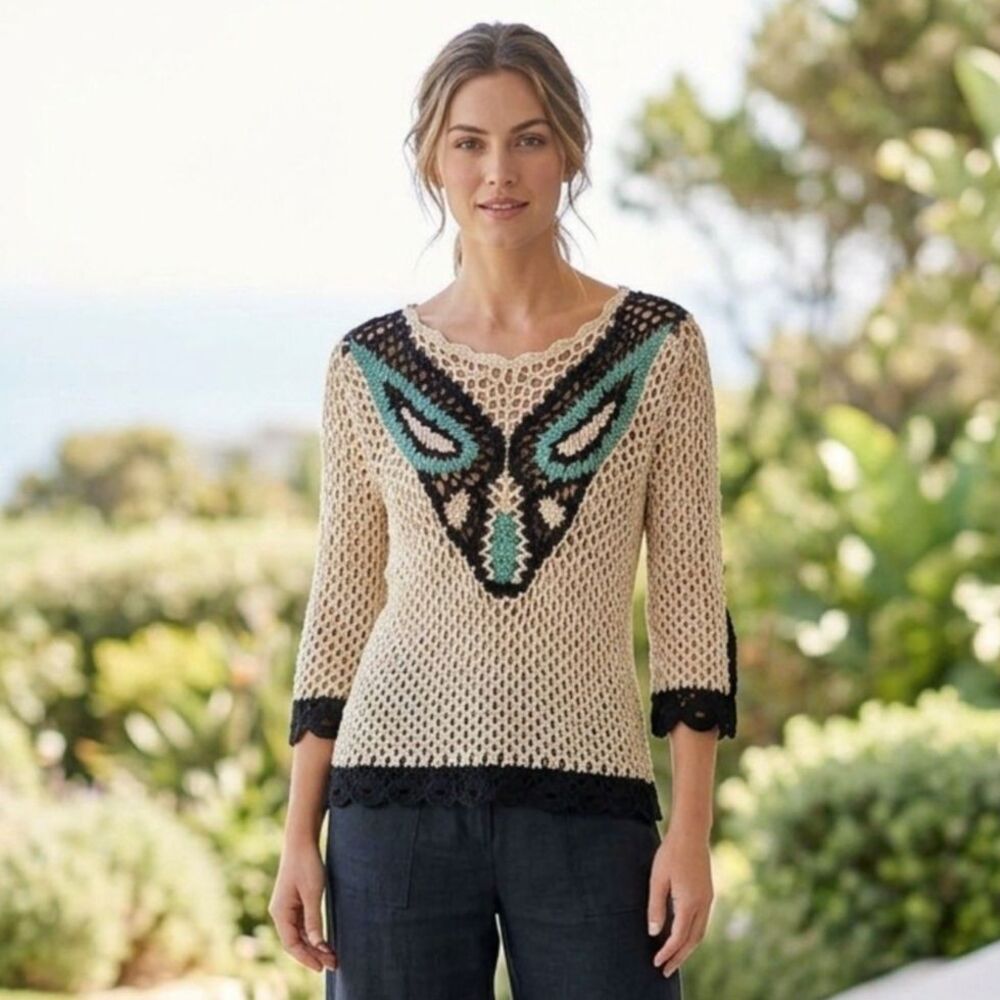 MISS KELLY 1999 Vintage Cream Boho Open Knit Crochet Sweater Turquoise Black M/L